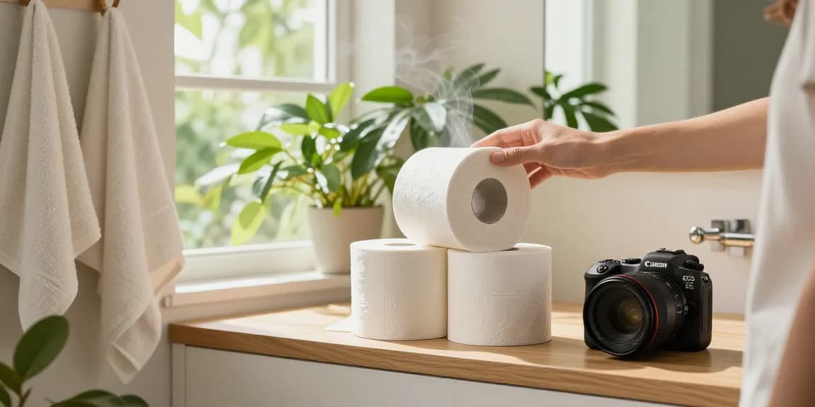 Bamboo Toilet Paper rolls arranged in an eco-friendly bathroom with greenery, showing a sustainable lifestyle.